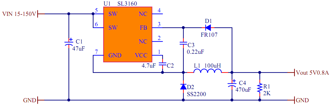 内置150V耐压MOS管 SL3160替代LTC7138，固定5V输出 降压恒压IC